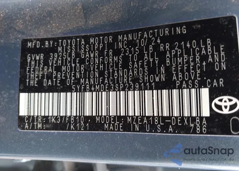 2025 Toyota Corolla Le from USA, damaged, VIN 5YFB4MDE3SP239111